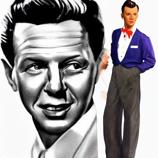 Image similar to perfect composition, subdued color palette, award-winning concept art, detailed digital painting, airbrushed, low contrast: costume design for young Frank Sinatra as a poor 1950s bartender. Volumetric cinematic lighting, great attention to perfect anatomy, special attention to posing, great attention to realistic facial expression, faithful cinematic color scheme, perfectly coherent. In the style of: Greg Rutkowski, Francis Bacon, Syd Mead, Norman Rockwell, Beksinski, Edward Hopper, James Gilleard, Ilya Kuyshinov, WLOP, Stanley Artgerm, Takato Yamamoto, and James Jean.