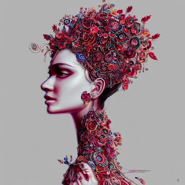 Prompt: an absurdly beautiful, elegant, young hypercolorful woman made of rubies and red gems, ultrafine hyperrealistic detailed face illustration by kim jung gi, irakli nadar, intricate linework, sharp focus, bright colors, matte, octopath traveler, final fantasy, unreal engine highly rendered, global illumination, radiant light, intricate environment