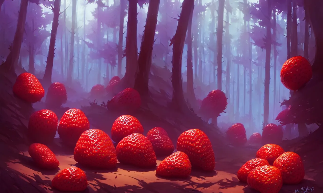 Image similar to Dark forest large strawberries, behance hd by Jesper Ejsing, by RHADS, Makoto Shinkai and Lois van baarle, ilya kuvshinov, rossdraws global illumination