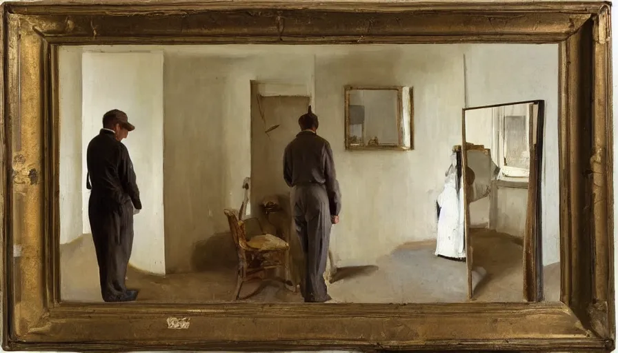 Image similar to painting by borremans, man back standing in front on the mirror and his back in the mirror with small village house and tiny modern car, detailed, stunning