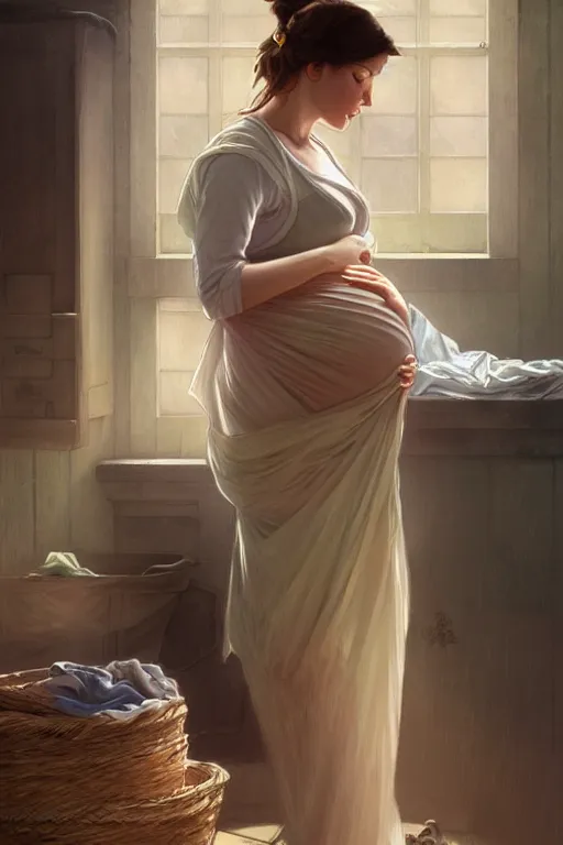 Image similar to rural pregnant woman doing laundry, portrait, elegant, intricate, digital painting, artstation, concept art, smooth, sharp focus, illustration, art by artgerm and greg rutkowski and alphonse mucha