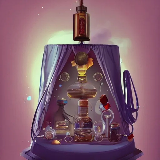 Image similar to An universe inside ampoules and alambics in a surreal ancient doctor's bag, trending on artstation