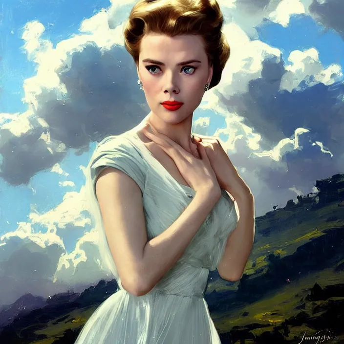 Image similar to A combination of Scarlett Johannson’s and Grace Kelly’s and Audrey Hepburn's appearance wearing Forerunner armor from Halo, countryside, calm, fantasy character portrait, dynamic pose, above view, sunny day, thunder clouds in the sky, artwork by Jeremy Lipkin and Giuseppe Dangelico Pino and Michael Garmash and Rob Rey and Greg Manchess, very coherent asymmetrical artwork, sharp edges, perfect face, simple form, 100mm