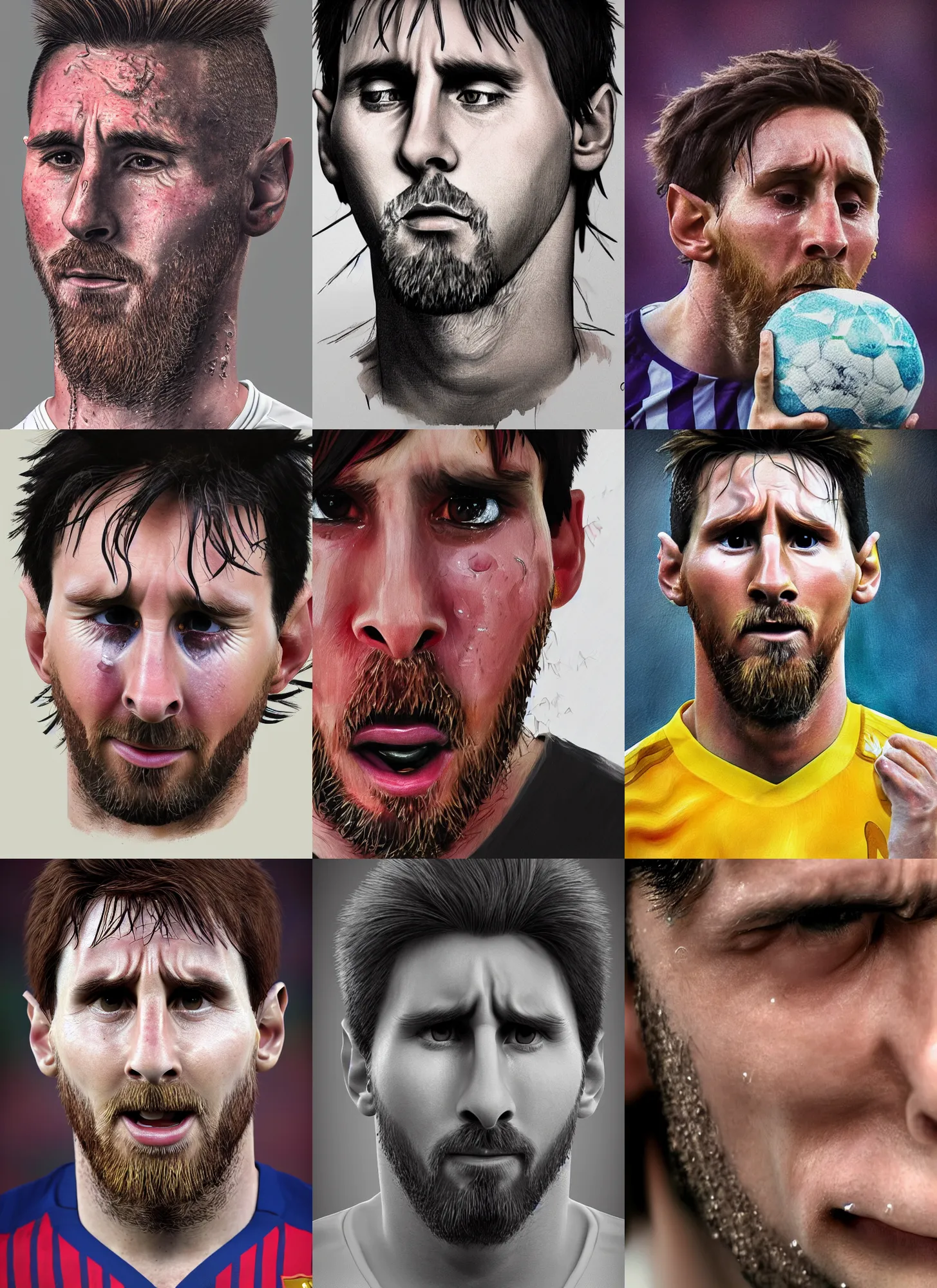 Prompt: portrait of ((cute)) crying Messi!!, photorealistic, single !!tear!!, Messi, cry, 35mm, tears drip from the eyes, noticeable tear on the cheek, tear, tear on face, close-up, crying, cry, tear, tear on cheek, Octane render, trending on Artstation, 4k, 8k, perfect face, highly detailed, (beautiful eyes), digital art, big realistic tear, by Steve McCurry, photorealism, high quality