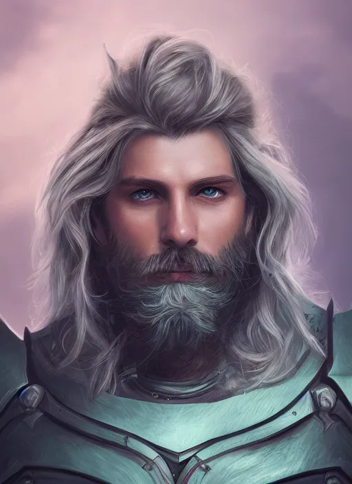 Image similar to an epic fantastic realism comic book style portrait painting of an aasimar paladin, male, silver shaggy hair, short brown beard, d & d concept art, unreal 5, daz, teal aesthetic, octane render, cosplay, rpg portrait, dynamic lighting