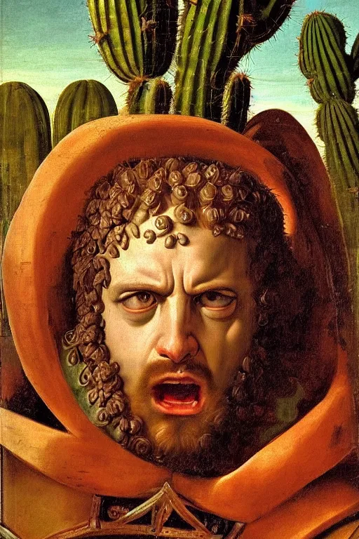 Image similar to renaissance painting of evil men, portrait, angry face closeup, emotions closeup, dressed in spartan armour, the beautiful garden with cactus bush everywhere, ultra detailed, art by guido reni style, vincenzo catena style