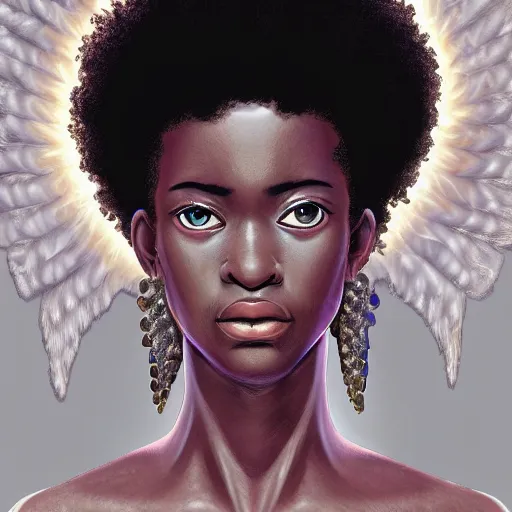 Image similar to Portrait of a Afro caribbean with angel wings, and a glowing halo, white lighting, digital art by Eiichiro Oda, highly detailed, trending on artstation, award winning,