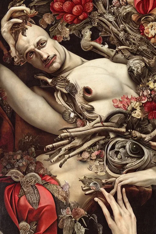 Image similar to Detailed maximalist portrait a man lying on bed with large lips and with large white eyes, exasperated expression, botany bones, HD mixed media, 3D collage, highly detailed and intricate, surreal illustration in the style of Caravaggio, dark art, baroque