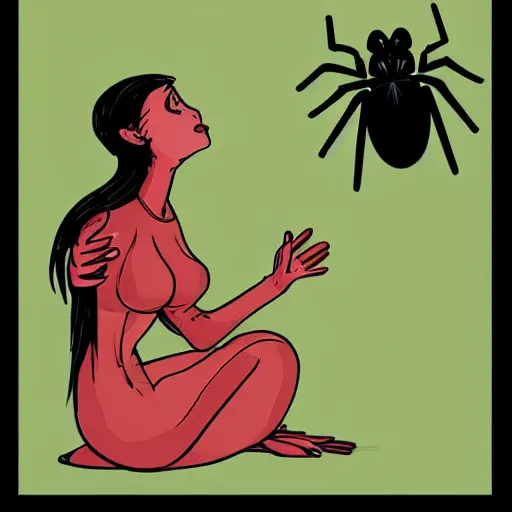 Image similar to a spider that is begging a woman for food, digital art