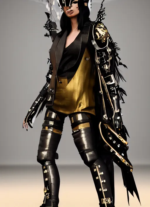 Prompt: haute couture, clothing setting for future female warrior, model standing pose, futurism, vest, leather coat, shorts, boots, electronic cat ears, cyberpunk style, black and gold, render by octane and blender, hyper realistic, hyper detailed