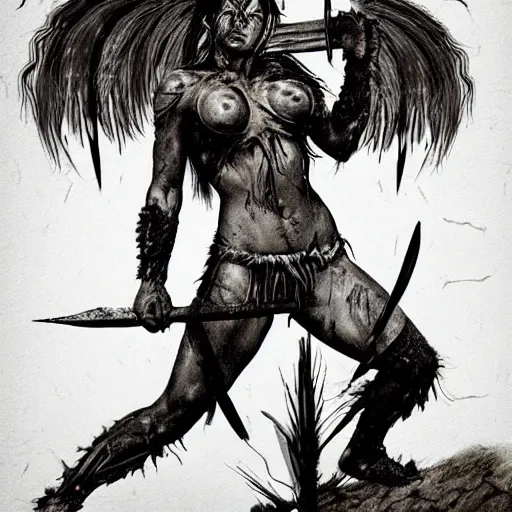 Prompt: Muscular savage warrior girl, wearing barbarian caveman pelt, cavewoman, wild spiky black hair, electrified hair, tiger pelt, holding scimitar made of bone, battle-scarred, scars of battle, bloody, primeval fantasy, electricity, electrical aura, palm trees, pulp art, illustration, Frank Frazetta