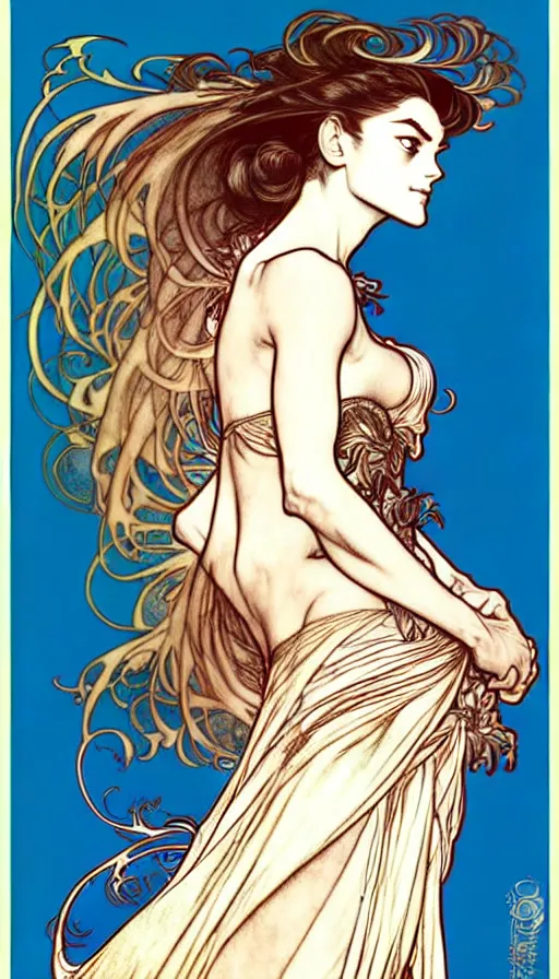 Prompt: in the style of artgerm, arthur rackham, alphonse mucha, phoebe tonkin, symmetrical eyes, symmetrical face, flowing blue skirt, hair blowing, full body, intricate filagree, no hands showing, warm colors, cool offset colors