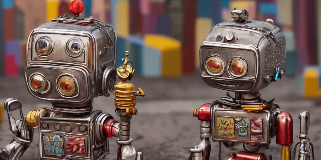 Image similar to closeup portrait of tin toy retro robot city diorama, depth of field, f 3 2, zeiss lens, detailed, centered, fashion photoshoot, by nicoletta ceccoli, mark ryden, lostfish, breathtaking, 8 k resolution, extremely detailed, beautiful, establishing shot, artistic, hyperrealistic, octane render, - h 8 0 4