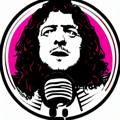 Prompt: 1 9 7 0 - young - robert - plant from led zepelin singing into the microphone, swagger, sticker - art, svg vector, adobe - illustrator