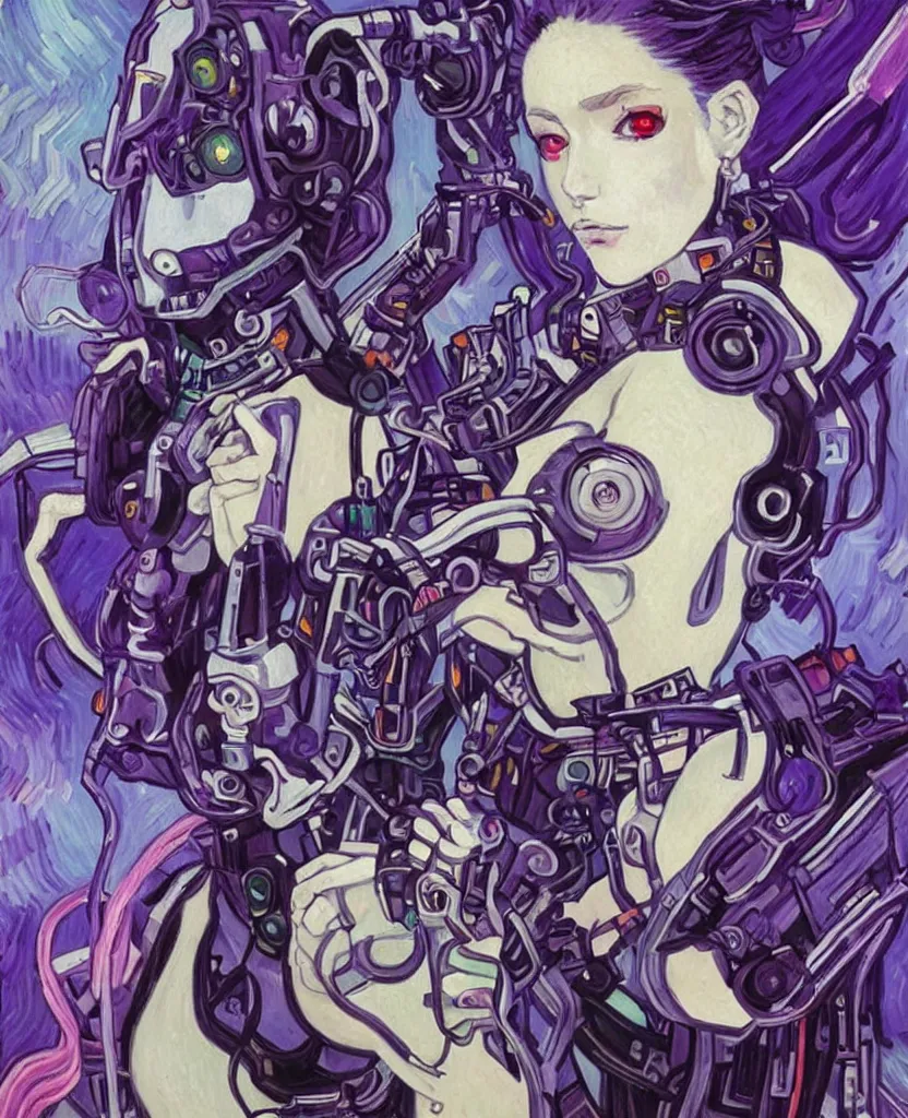 Image similar to A beautiful painting of a cyberpunk anime girl with purple hair and an a huge robot arm sensual stare, augmentations and cybernetic enhancements neon circuits, Painted by Vincent Van Gogh 8k highly detailed ❤️‍🔥 🔥 💀 🤖 🚀