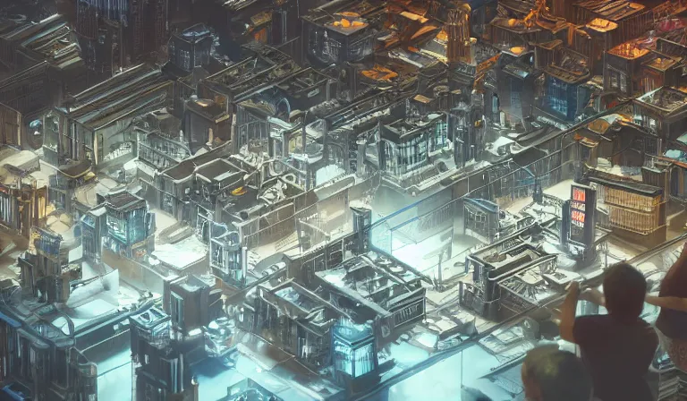 Image similar to large group people in simple warehouse, looking at hologram of futuristic city on a table, cinematic concept art, godrays, golden hour, natural sunlight, 4 k, clear details, tabletop model buildings, center model buildings, hologram center, crane shot, crane shot, crane shot