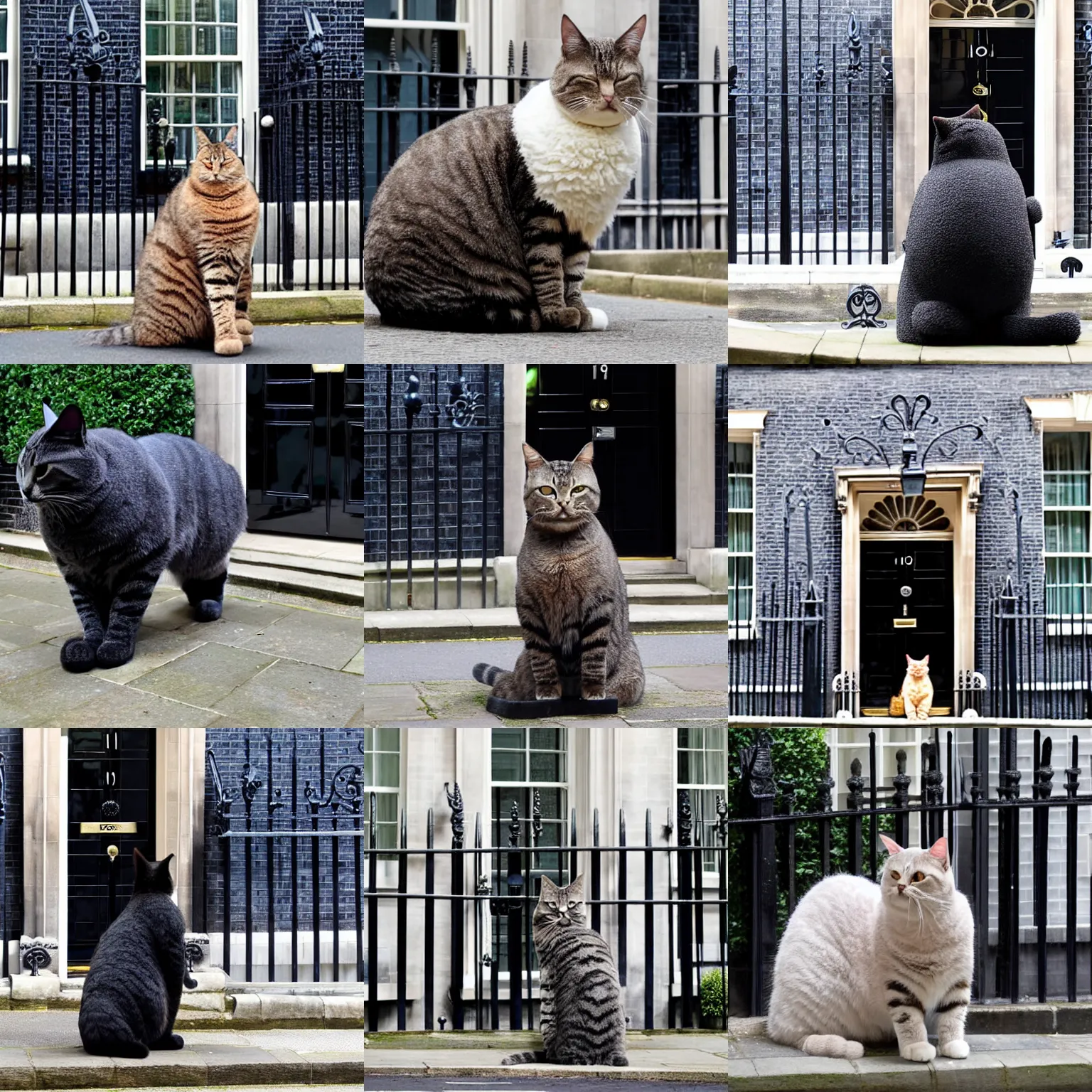 Prompt: giant larry the cat in front of 1 0 downing street