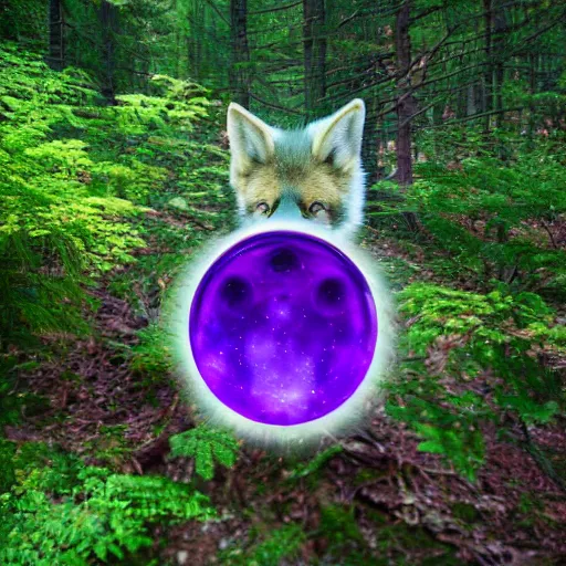 Image similar to a purple fox with a long fluffy and shiny coat sits in the forest on a ufo flying saucer. super realistic photo. clear details