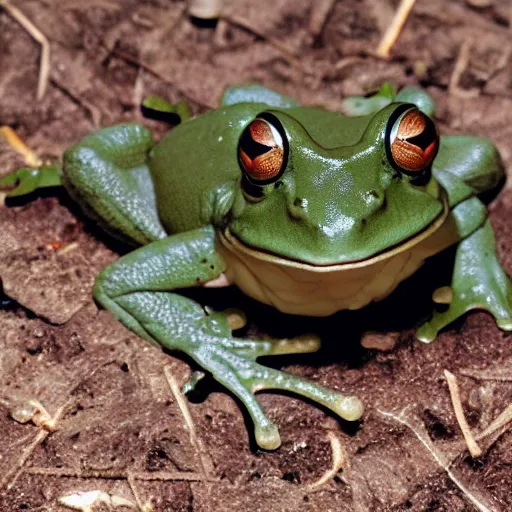 Image similar to a rare military frog equipped with rocket launcher and night vision target acquisition system, photo from