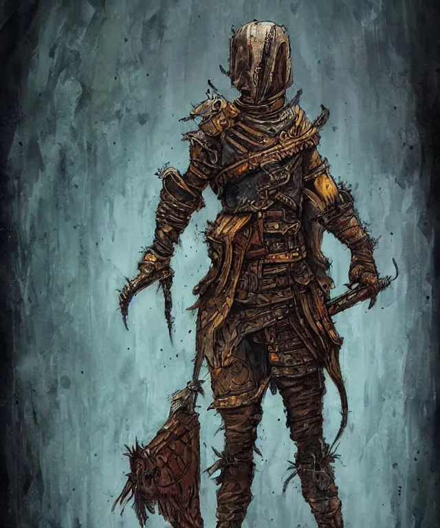 Image similar to a oil / watercolor painting full body character portrait of a artificial slave in the style of dark souls in the style of darkest dungeon trending on artstation deviantart pinterest detailed realistic hd 8 k high resolution