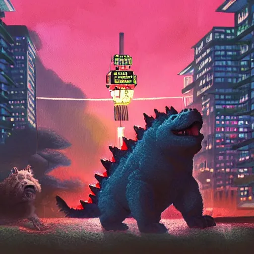 Image similar to a chow chow fighting godzilla in night time tokyo in the style of simon stalenhag