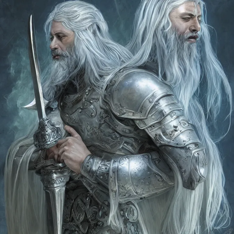 Prompt: Portrait of an Aasimar Paladin-Druid with glowing blue eyes, pale grey skin, silver full beard, and silver hair. He has a sword and wears green armor. Epic fantasy art, award winning on Artstation, intricate, highly detailed, dramatic lighting, illustration, concept art, art by artgerm and greg rutkowski and alphonse mucha, D&D, Dungeons and Dragons.