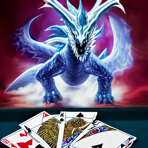 Image similar to blue eyes white dragon sitting on a poker table with exodia