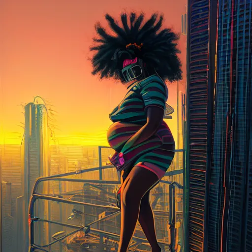 Prompt: a bbw black woman with dreadlocks sitting on top of a skyscraper in the cyberpunk city at sunset, by greg rutkowski and android jones and Alena Aenami, oil on canvas, vibrant color scheme 8k