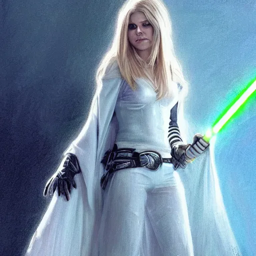 Image similar to perfect drawing of avril lavigne wearing white cloak holding light saber, intricate, highly detailed, digital painting, artstation, concept art, smooth, sharp focus, illustration, unreal engine 5, 8 k, art by artgerm and greg rutkowski and alphonse mucha