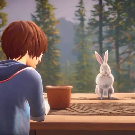 Image similar to A rabbit in Life Is Strange talking with Chloe and Max