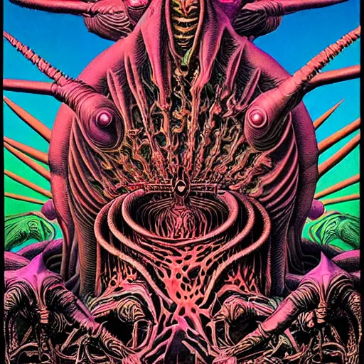 Image similar to stoner metal album cover in the style of wayne barlowe and kenny scharf and philippe druillet, realistic, insanely detailed, intricate, smooth, airbrush, play-doh