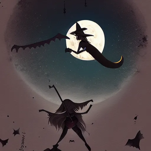 Prompt: A witch flying on a broomstick in front of a full moon, Halloween, digital painting, horror, dark, spooky, moody, artstation, pixiv, by Ekaterina Savic and Barret Frymire