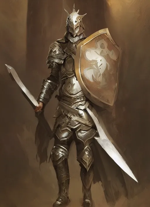 Prompt: portrait of character holding a paladin engraved longsword and carrying a big shield, concept art, by Greg Rutkowski