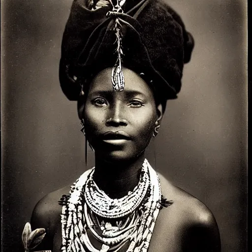 Prompt: vintage photo of a beautiful west African manding queen by edward s curtis, photo journalism, photography, cinematic, national geographic photoshoot