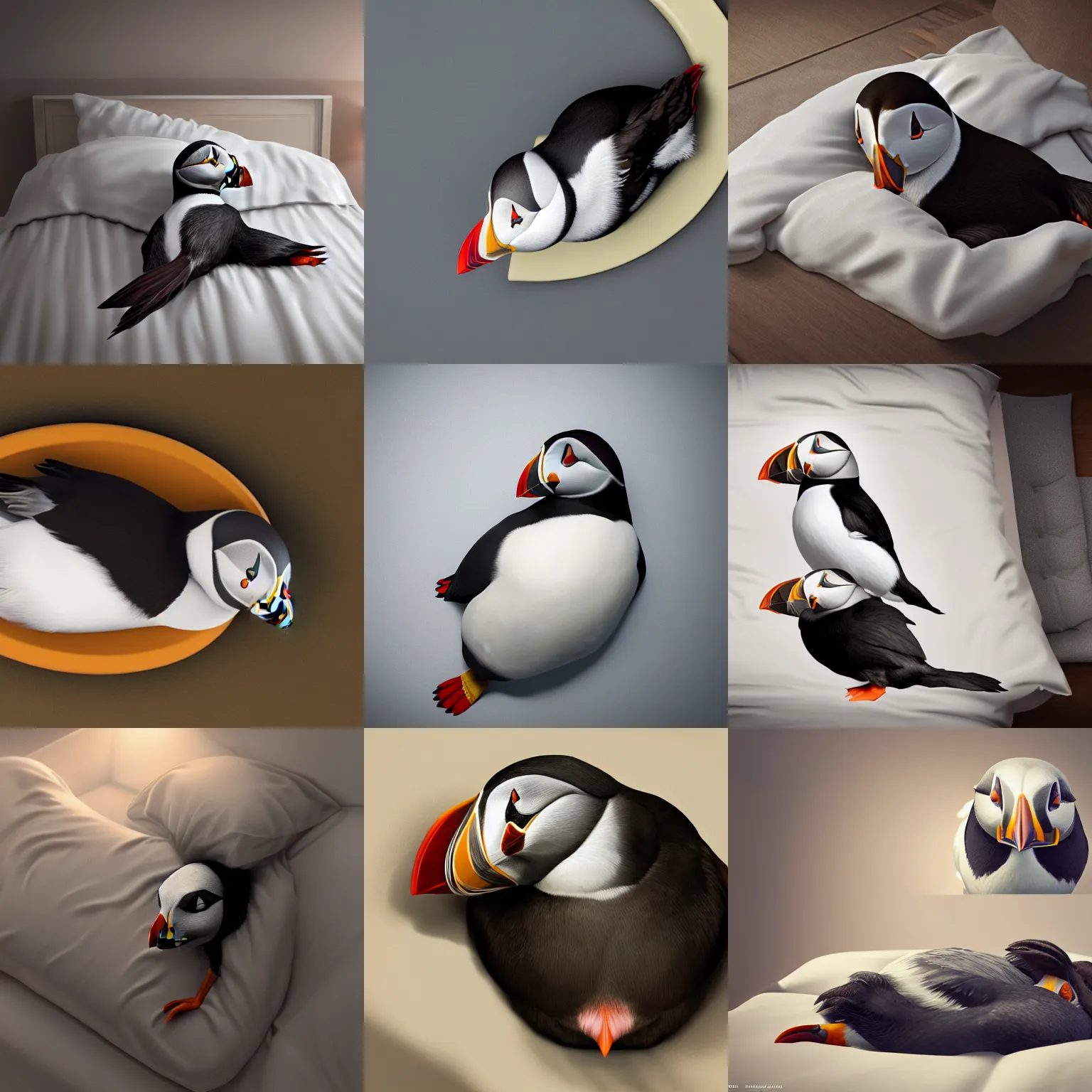 Prompt: puffin sleeping in an oversized bed, concept art, cgsociety, octane render, trending on artstation, artstationHD, artstationHQ, unreal engine, 4k, 8k --height 768