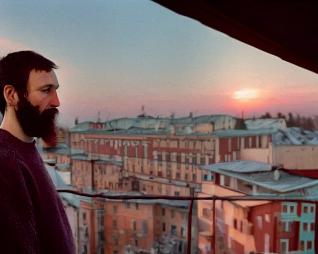 Prompt: lomo photo of 4 0 years russian man with beard and sweater standing on small hrushevka balcony full with cigarette smoke in small russian town looking at sunset, cinestill, bokeh