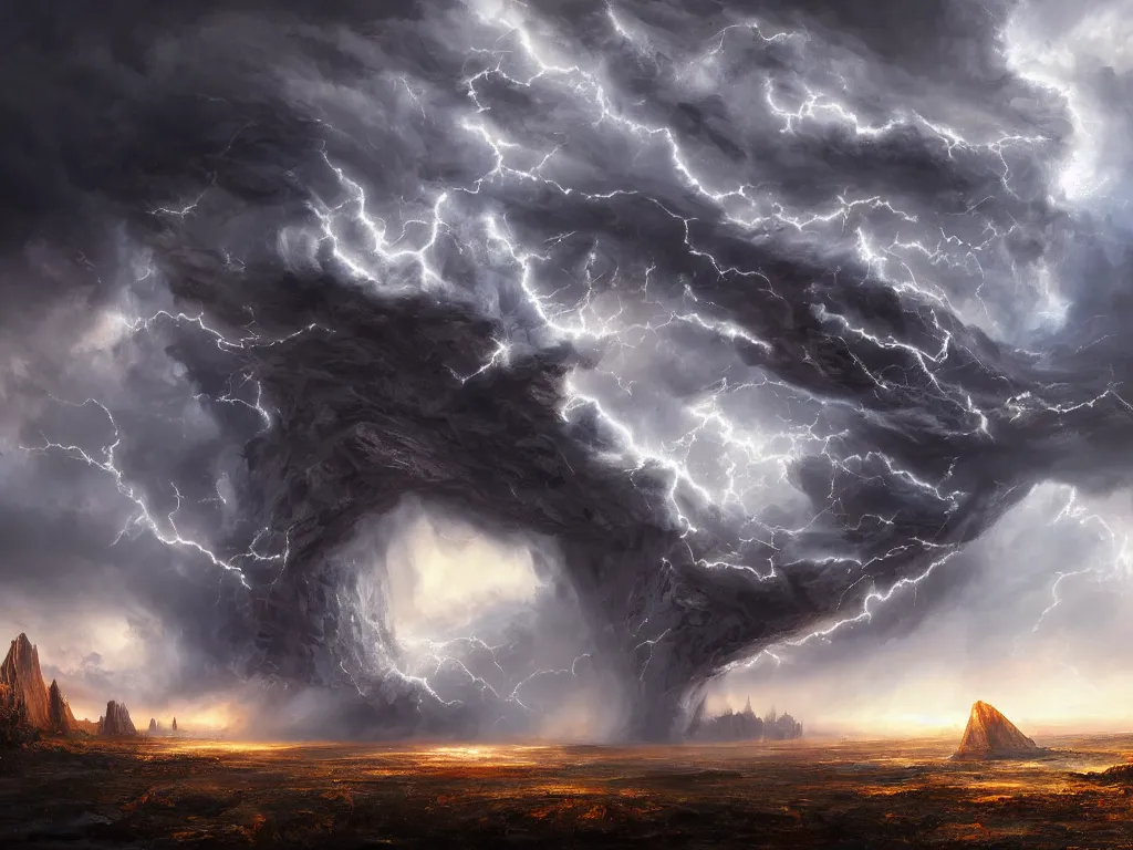 Prompt: a giant stormy rift in reality opens over a mesa, award-winning, trending on artstation, oil on canvas, masterpiece, matte painting