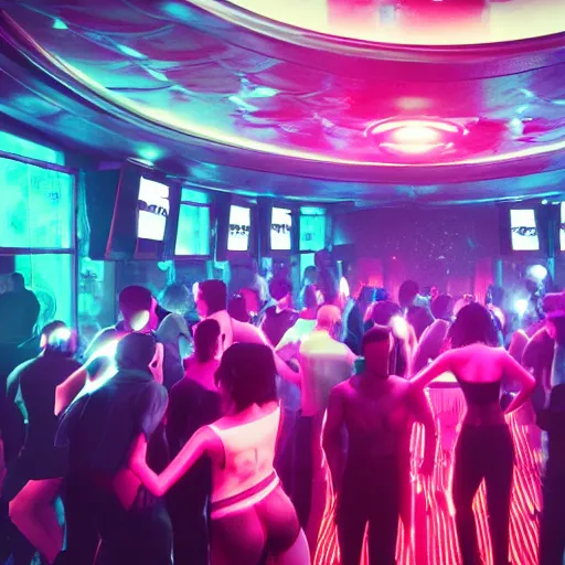 Prompt: ultradetailed 8 k hd octane render of a crowded neon cyberpunk dance club