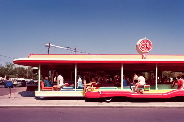 Image similar to 1 9 7 5 googie popsicle, people sitting at tables, googie architecture, two point perspective, americana, restaurant exterior photography, hd 4 k, taken by alex webb