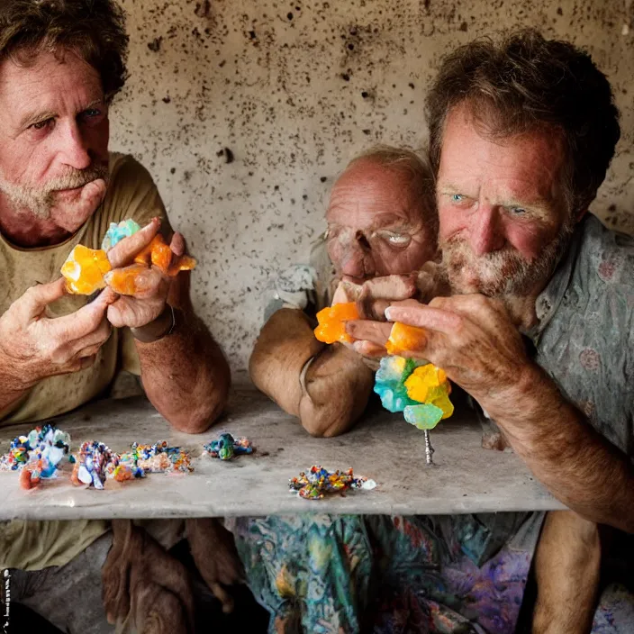 Image similar to closeup portrait of a couple eating colorful crystal geodes at a dining table, in a desolate abandoned house, by Annie Leibovitz and Steve McCurry, natural light, detailed face, CANON Eos C300, ƒ1.8, 35mm, 8K, medium-format print