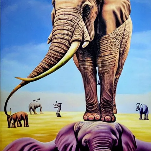 Prompt: in the style of painter salvador dali circus of animals playing, Surrealism painting, hyperrealism, large elephant plays, high details, everything sharp focus, photorealism, painting