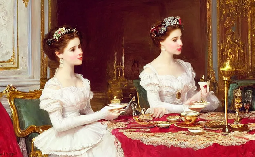 Image similar to Young victorian princess drinking tea on the royal palace dining room. By Konstantin Razumov, highly detailded