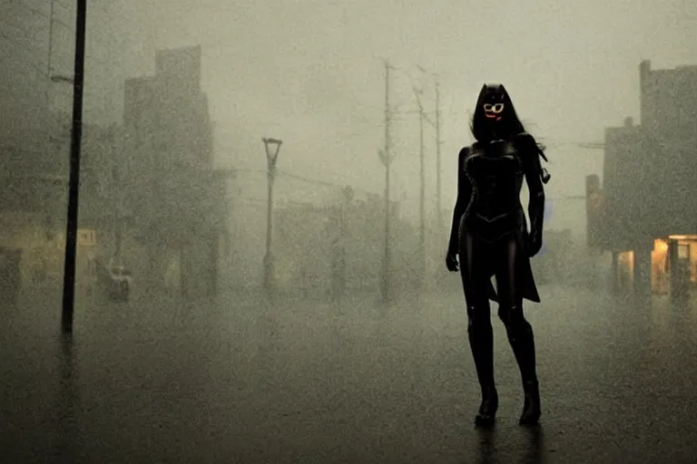 Prompt: vfx woman black super hero photo real, city street night lighting, rain and fog by Emmanuel Lubezki