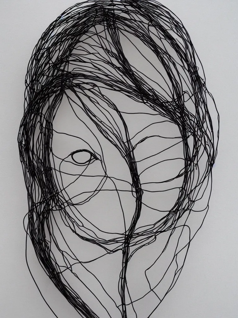 Image similar to beautiful elegant hanging thick wire art of a symmetrical and expressive female human figure face artistic