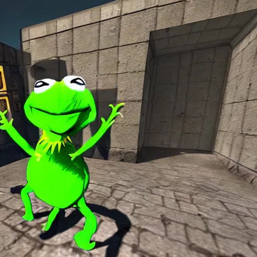 Prompt: a screenshot of Kermit inside a counter strike game, Kermit is holding an AK-47