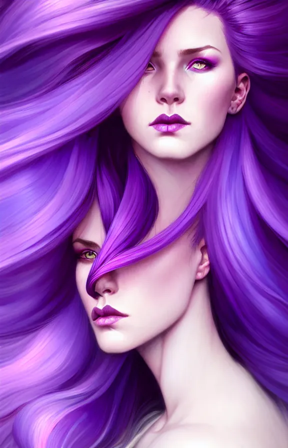 Image similar to Purple hair relistic Portrait of a woman with bright colored flying hair, all shades of purple. Hair coloring, long hair, blue eyes, fantasy, intricate, elegant, highly detailed, digital painting, artstation, concept art, smooth, sharp focus, illustration, art by artgerm and greg rutkowski and alphonse mucha