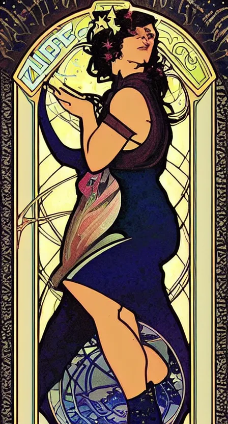 Prompt: a tarot card of a woman pouring water and stars into the earth from space. illustrated in an art deco style by alphonse mucha and an elegant border by tamara de lempika. | studio lighting | digital painting, stunning lighting, trending on artstation