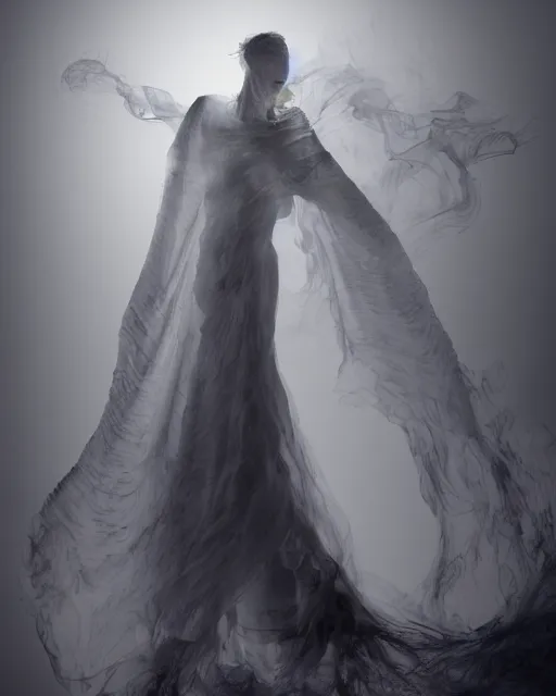 Prompt: professional concept art ethereal ghostlike valkyrie figure fluid simulation in houdini dancing in dark smoke robes and silk veils by ilm, paolo roversi, nick knight, amy judd, beautiful simplified form distorted by turbulent movement, dark studio background, vivid, romantic, trending on artstation, hyperrealism, matte painting, dutch golden age, fine detail, cgsociety