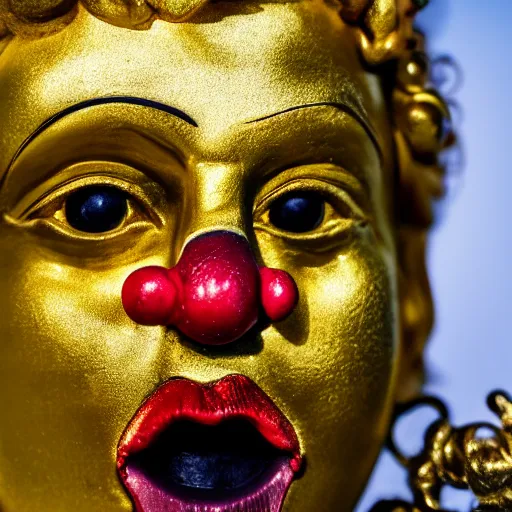 Image similar to a close up photo of a detailed golden statue of a clown, 8K,