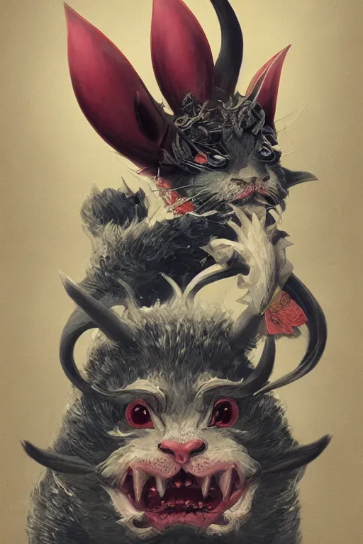 Image similar to a portrait of a cute japanese devil animal pet illustrated by miyazaki by karol bak, james jean, tom bagshaw, rococo, sharp focus, trending on artstation, cinematic lighting, hyper realism, octane render, 8 k, hyper detailed, vivid, ultra detailed, highly detailed